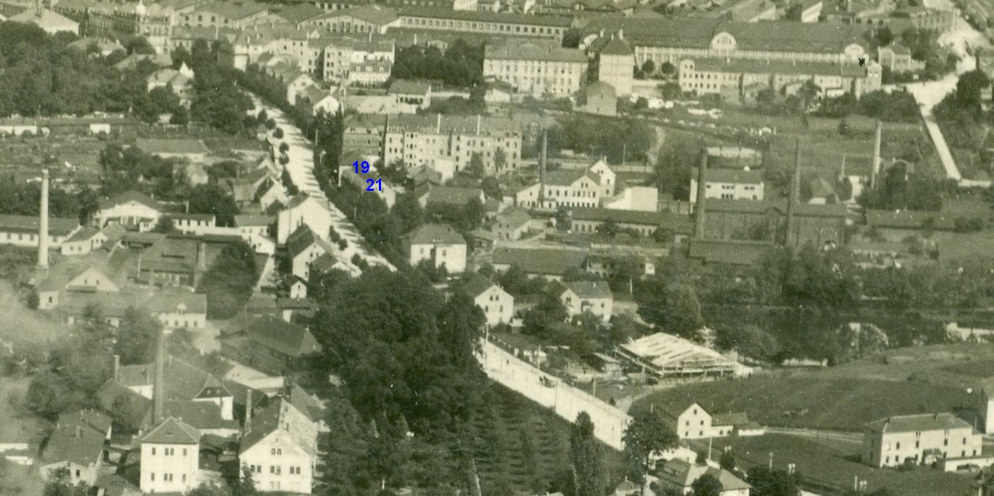 Ausschnitt aus einer Ansichtskarte (Luftbild) um 1935 mit Markierungen